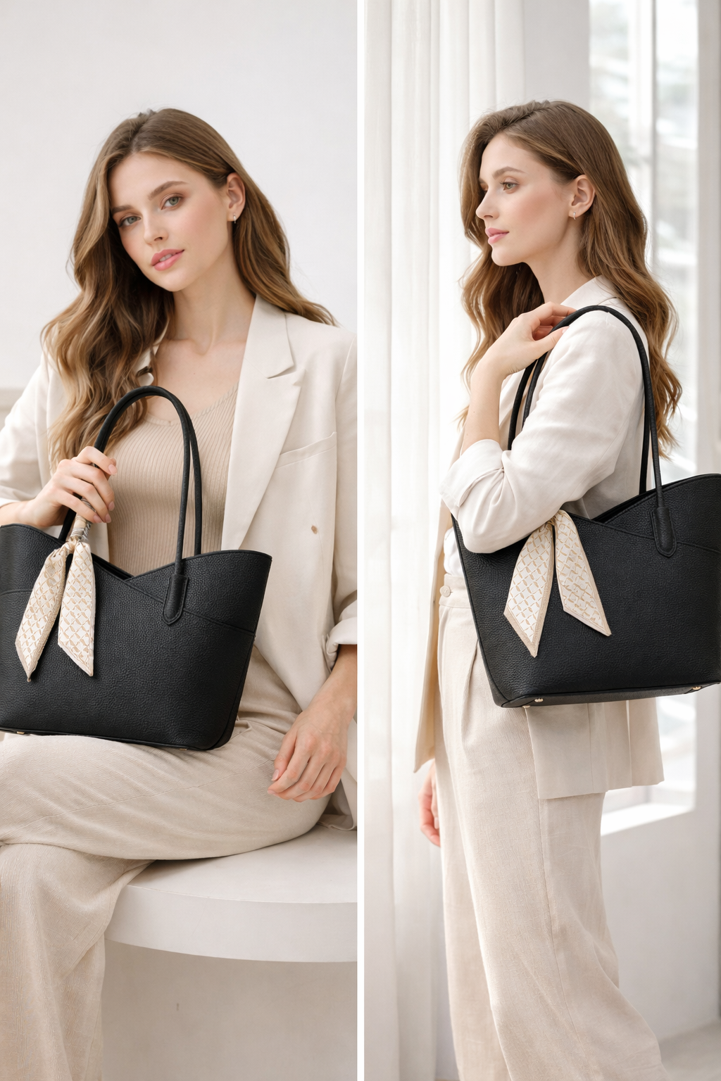 Tote with satin scarf- Black