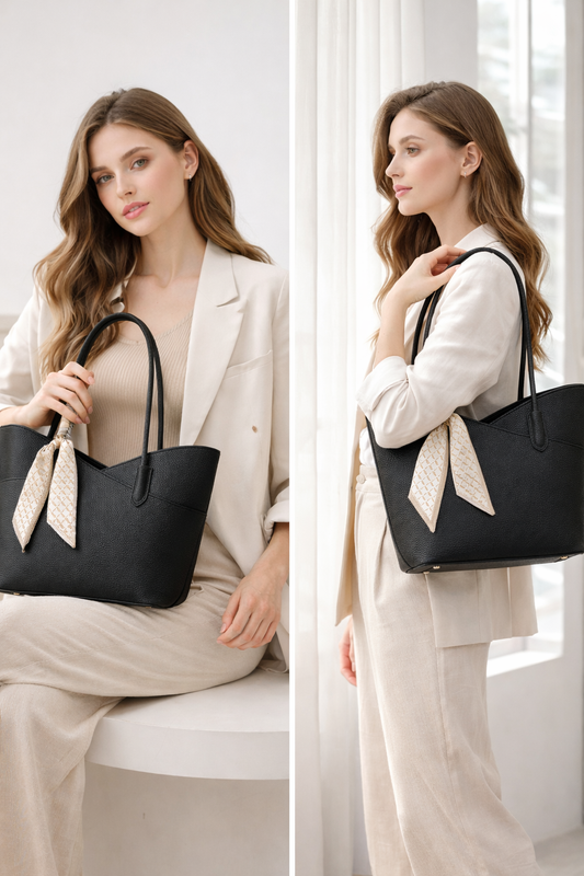 Tote with satin scarf- Black