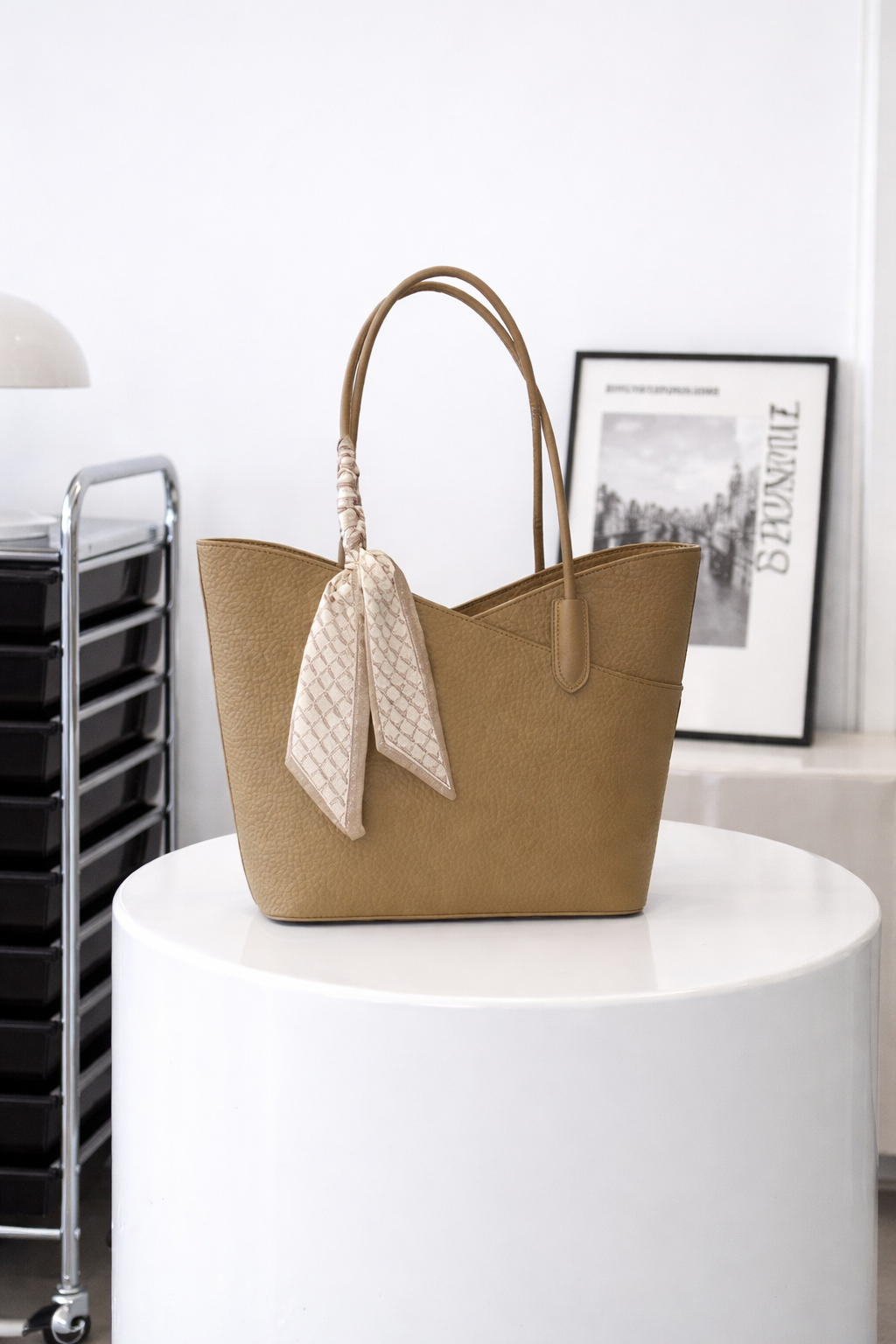 Tote with satin scarf - camel