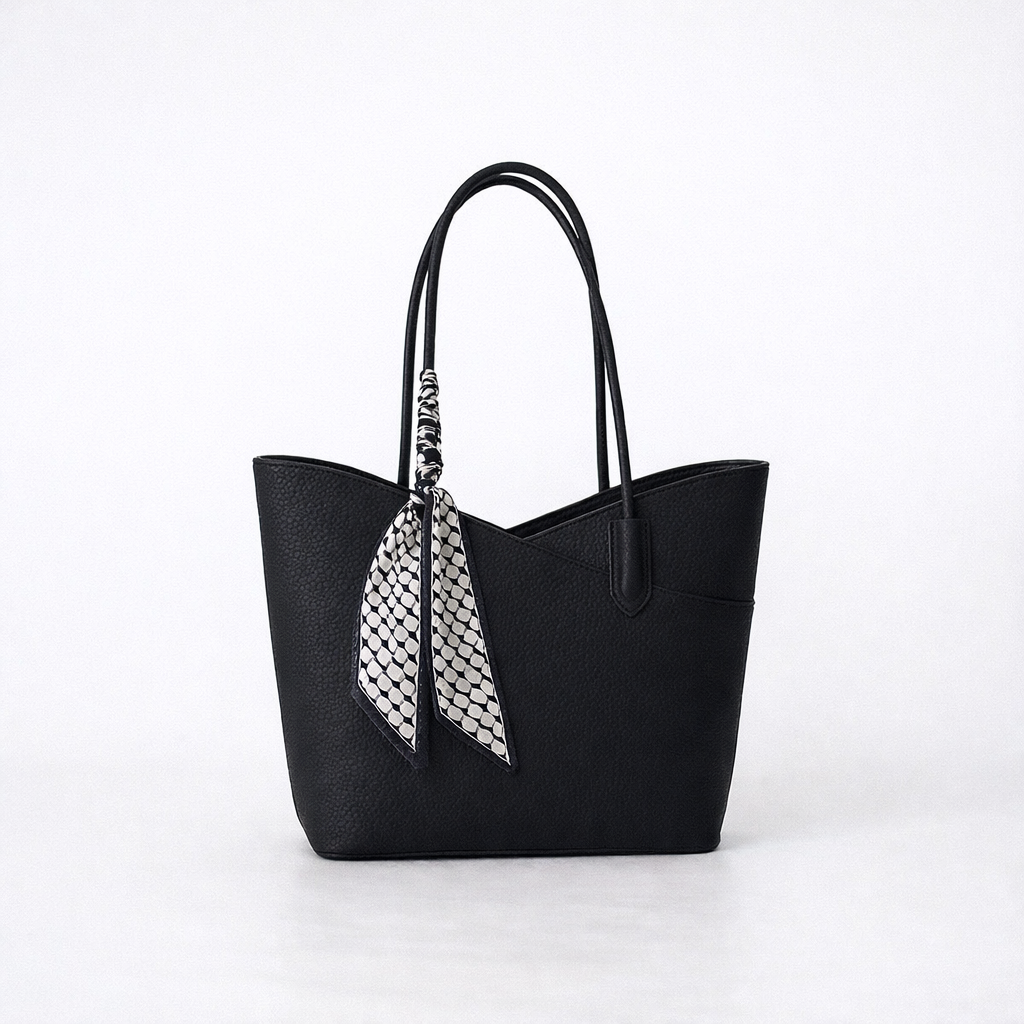 Tote with satin scarf- Black